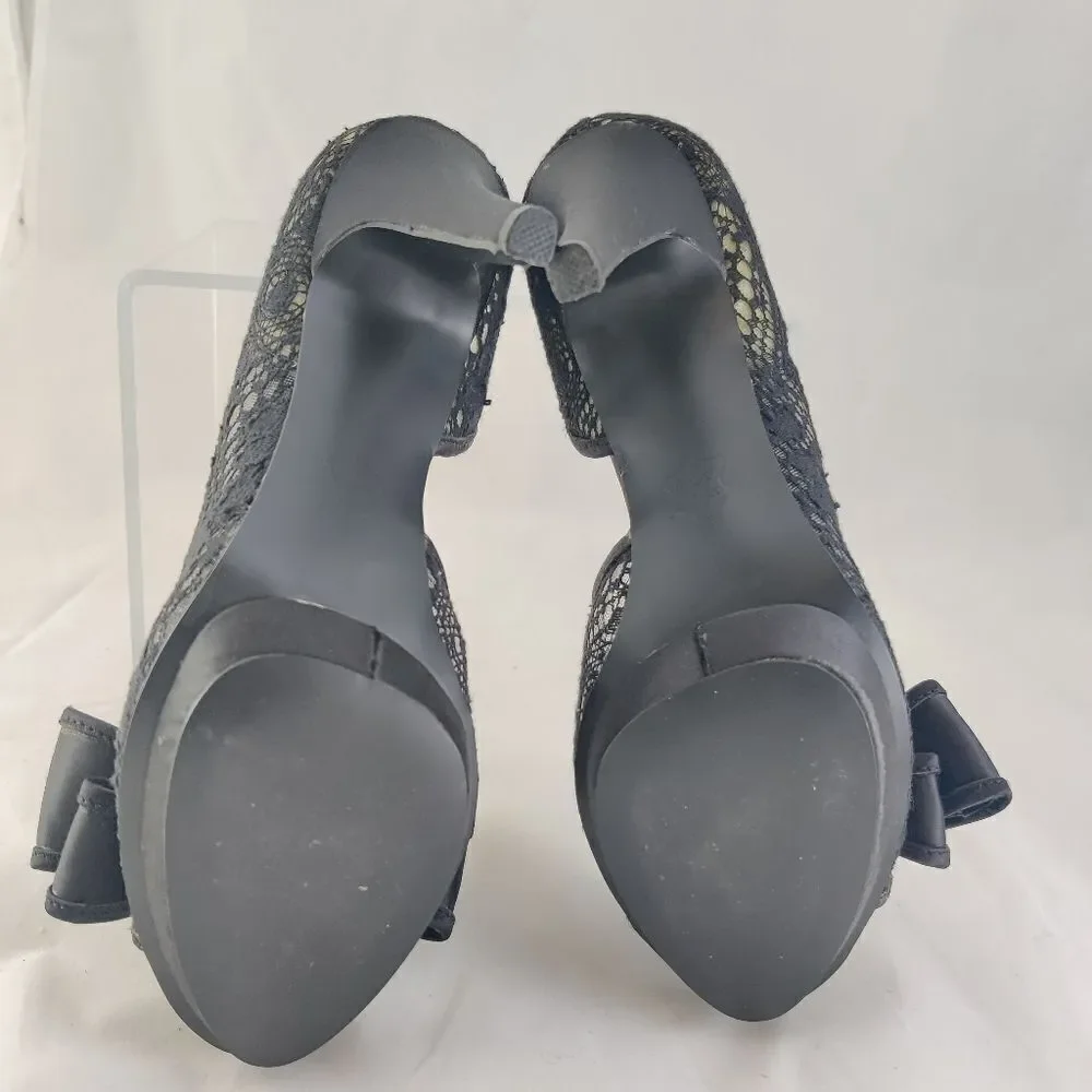 Steve madden Vale Sz 6 Giant Bow Black Lace D'Orsay Platform Stiletto Peep Heels
